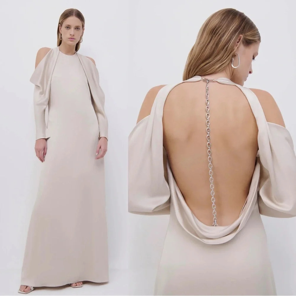 NWT | Jonathan Simkhai Caitlyn Draped Shoulder Champagne Crystal Chain Gown Sz 0